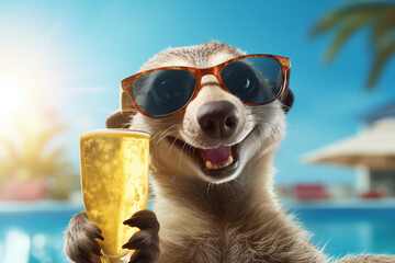 Cute and happy meerkat in sungkasses relax near swimming pool at the hotel, with coctail. Summer Vacation concept. 3D render. Poster high quality. - obrazy, fototapety, plakaty