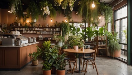 Fototapeta premium a coffee shop with lots of plants