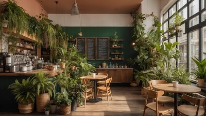 Fototapeta na wymiar a coffee shop with lots of plants