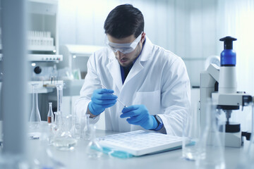 Serious clinician studying chemical element for medical analysis and innovation in laboratory