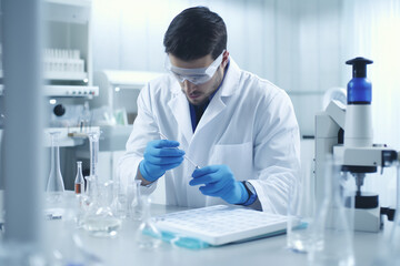 Fototapeta premium Serious clinician studying chemical element for medical analysis and innovation in laboratory