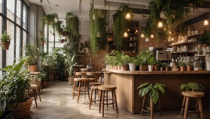 Fototapeta na wymiar a coffee shop with lots of plants