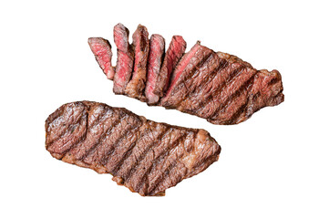 BBQ grilled denver top blade  beef meat steak with thyme on a wooden board. Transparent background....