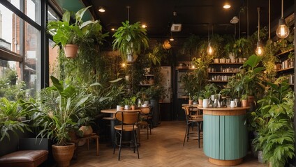 a coffee shop with lots of plants