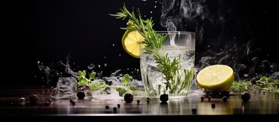 Gin tonic cocktail with gin rosemary tonic lime and ice in wine glass Bar counter tools copy space Copy space image Place for adding text or design