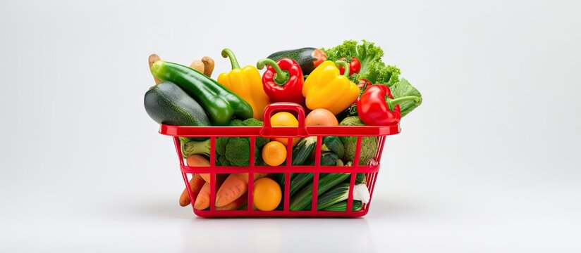 Isolated photo of a wire shopping basket filled with fresh produce on a white background Copy space image Place for adding text or design