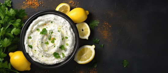Greek style feta dip with garlic and lemon in a gray bowl top view Copy space image Place for adding text or design