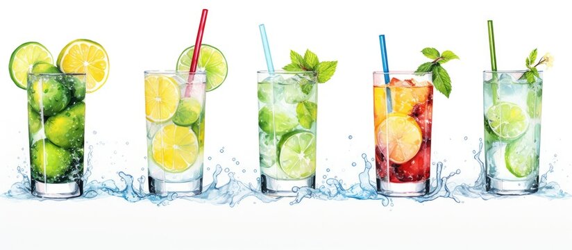 Illustration of a refreshing summer drink with low alcohol content featured in a coctail bar menu as an aperitif incorporating elderflowers lemon lime and mint Copy space image Place for adding
