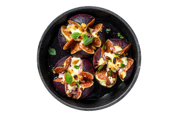 Baked figs with goat cheese, vermouth, honey and walnuts.  Transparent background. Isolated. - obrazy, fototapety, plakaty