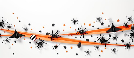 Halloween decorations featuring striped straws with paper bats confetti spiders on white background Copy space image Place for adding text or design