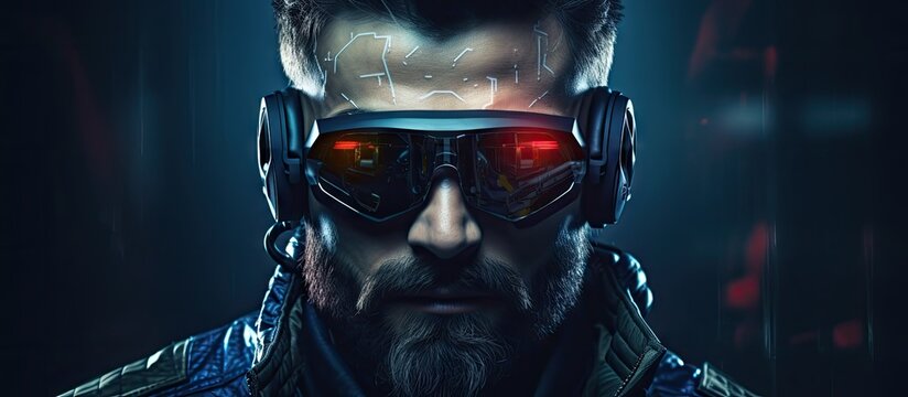 Futuristic man wearing cyberpunk gear and accessories Copy space image Place for adding text or design