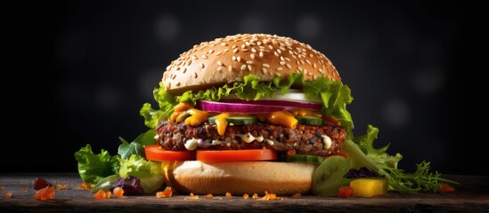 Homemade vegan burger with veggies chickpeas soy and plant based protein Embracing vegan lifestyle and vegetarian dining Copy space image Place for adding text or design