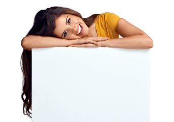 Isolated woman, blank poster and smile in portrait for marketing, review or opinion by transparent png background. Girl, paper sign or board for promo, feedback and happy for news with mockup space