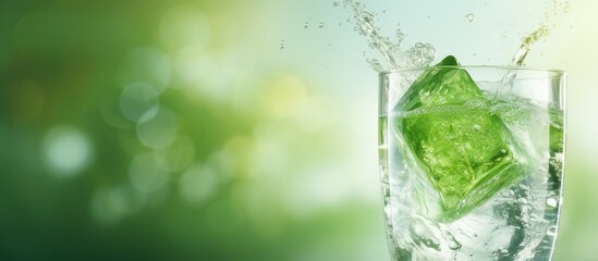 Glass with ice on green background being filled with water in close up Copy space image Place for adding text or design
