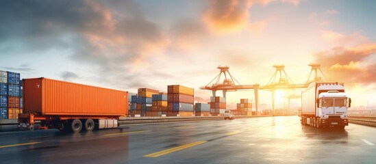 Industrial container ship with forklift loading for logistics import export concept background Copy space image Place for adding text or design