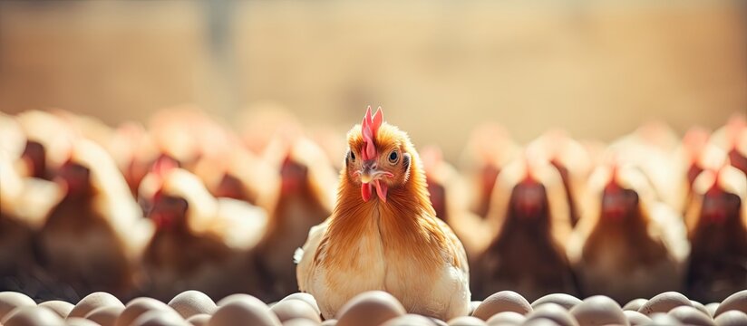 Industrial chicken farms primarily focus on egg production from hens Copy space image Place for adding text or design
