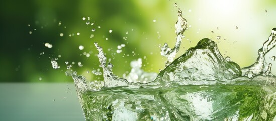 Glass with ice on green background being filled with water in close up Copy space image Place for adding text or design