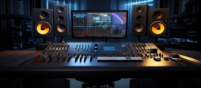 Image of a contemporary music studio control desk displaying DAW software user interface with song playing Includes equalizer mixer and professional gear Copy space image Place for adding text