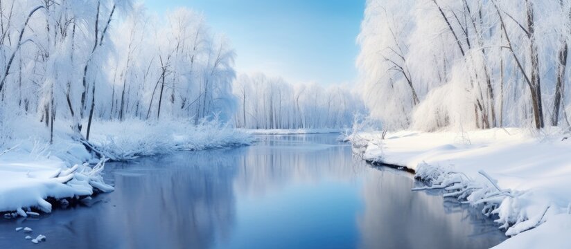Frozen river in winter forest scenery Copy space image Place for adding text or design