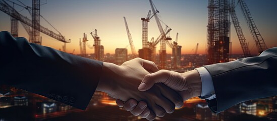 Handshake construction crane building at twilight a symbol of business and commitment in industry Copy space image Place for adding text or design - obrazy, fototapety, plakaty