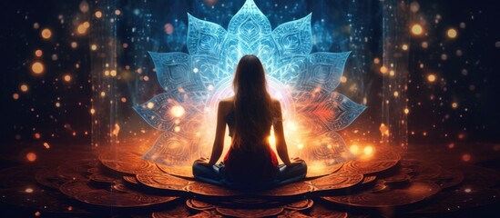 Girl in Lotus position against glowing mandala Trance deep meditation Spiritual journey in universe Copy space image Place for adding text or design - obrazy, fototapety, plakaty