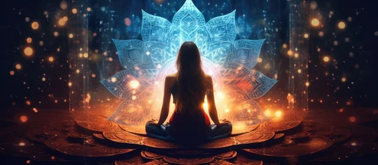 Foto op Plexiglas Girl in Lotus position against glowing mandala Trance deep meditation Spiritual journey in universe Copy space image Place for adding text or design © Ilgun