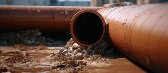 Installing a plastic sewage pipe while building a house Copy space image Place for adding text or design