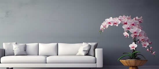Grey wall and orchid in plain living room Copy space image Place for adding text or design