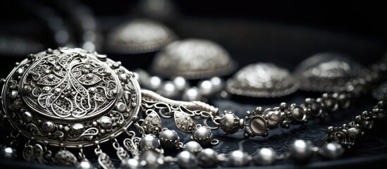 Handmade vintage women s jewelry on black and white backgrounds with a focus on macro details...