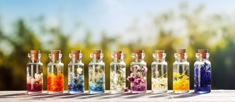 Homeopathy medicine with healing herbs and flowers in bottles Copy space image Place for adding text or design