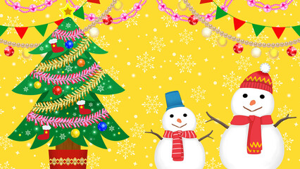 おしゃれなクリスマスの背景素材　クリスマスツリーと雪だるま　雪の結晶　16:9