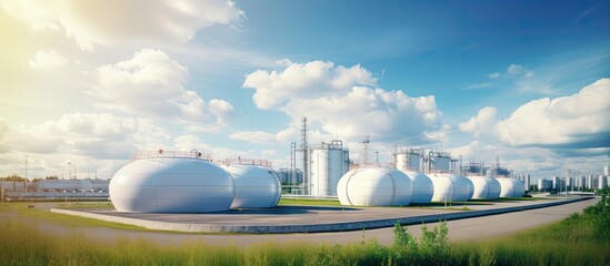 Industrial facility storing hydrogen gas in spherical tanks using ASME technology located under a blue sky Copy space image Place for adding text or design - obrazy, fototapety, plakaty
