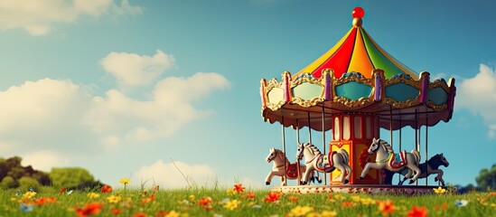 Kids carousel on grassy field in a photograph Copy space image Place for adding text or design