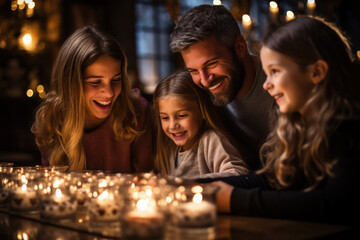 Fototapeta premium Family Lighting Hanukkah Candles Together 