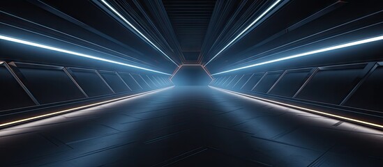 Futuristic 3D rendered interior design of a dark corridor in an abstract futuristic concept Copy space image Place for adding text or design
