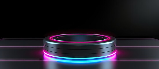 Futuristic display template for product comparison with neon rings on floor and a podium on black background Copy space image Place for adding text or design - obrazy, fototapety, plakaty