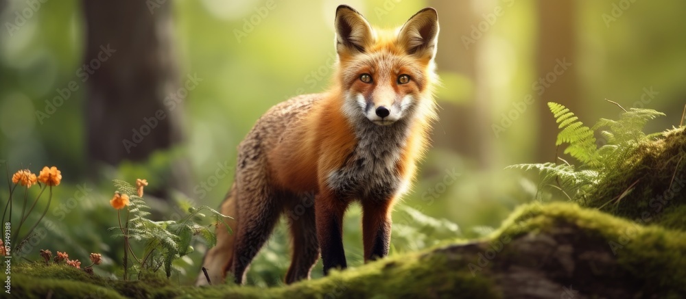Wall mural gorgeous red fox in spring forest natural wildlife scene copy space image place for adding text or d