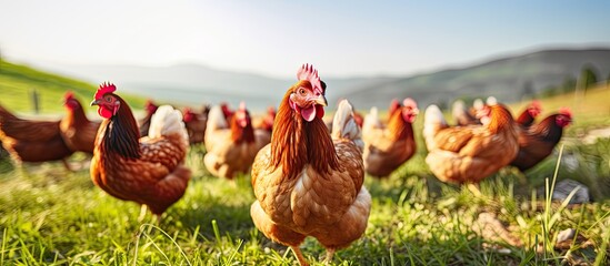 Hens grazing on grass in a free range organic farm Copy space image Place for adding text or design - obrazy, fototapety, plakaty
