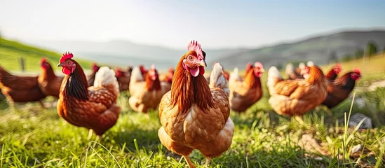 Gordijnen Hens grazing on grass in a free range organic farm Copy space image Place for adding text or design © Ilgun