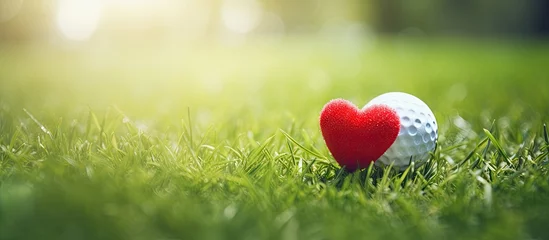 Poster Golf ball with heart on green grass for golfer s special occasion or love of golf Copy space image Place for adding text or design © Ilgun
