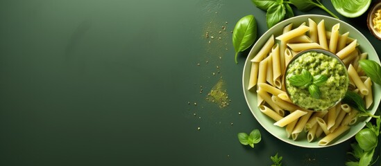Italian food featuring penne pasta pesto sauce zucchini green peas and basil photographed from above in a flat lay style Copy space image Place for adding text or design - obrazy, fototapety, plakaty