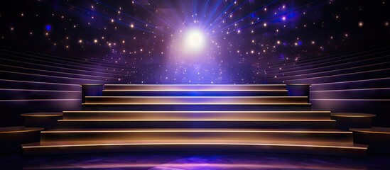 Glamorous award night with gold blue and purple decor spotlight on the stage with a trophy a grand invitation for a Hollywood Bollywood themed wedding on a luxurious floor Copy space image Plac