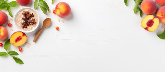 Healthy breakfast concept with muesli fresh peach salad and white background Copy space image Place for adding text or design - obrazy, fototapety, plakaty