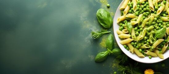 Italian food featuring penne pasta pesto sauce zucchini green peas and basil photographed from above in a flat lay style Copy space image Place for adding text or design