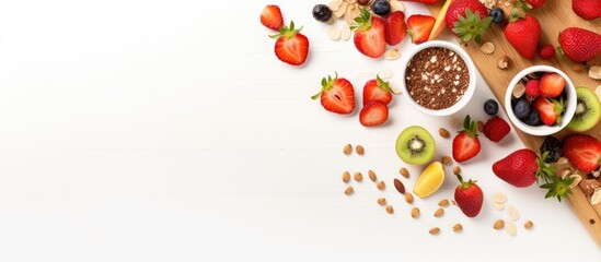 Healthy breakfast with muesli salad fruit and nuts on white background Flat lay top view Copy space image Place for adding text or design