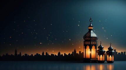 Banner design for a Ramadan Kareem with ornamental lantern. - obrazy, fototapety, plakaty