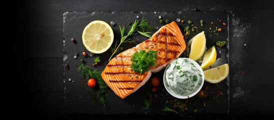 Grilled salmon with spinach cream and lemon Copy space image Place for adding text or design - obrazy, fototapety, plakaty