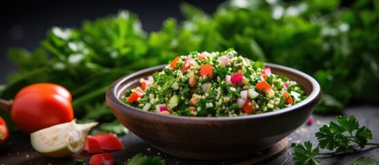 Healthy Mediterranean vegetarian dish made with tabbouleh salad ingredients parsley onions tomatoes bulgur and chickpeas Copy space image Place for adding text or design - obrazy, fototapety, plakaty