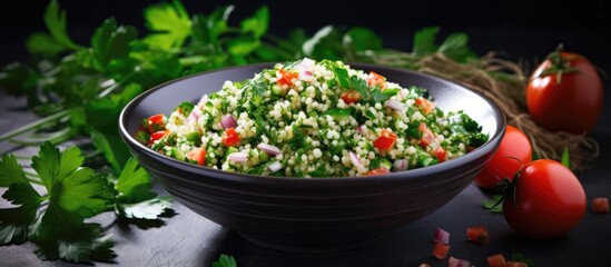 Healthy Mediterranean vegetarian dish made with tabbouleh salad ingredients parsley onions tomatoes bulgur and chickpeas Copy space image Place for adding text or design
