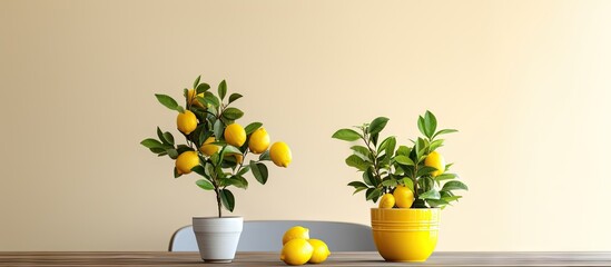 Indoor dining room with lemon tree decor Growing ripe yellow citrus fruits Elegant home decor and gardening hobby Copy space image Place for adding text or design - obrazy, fototapety, plakaty